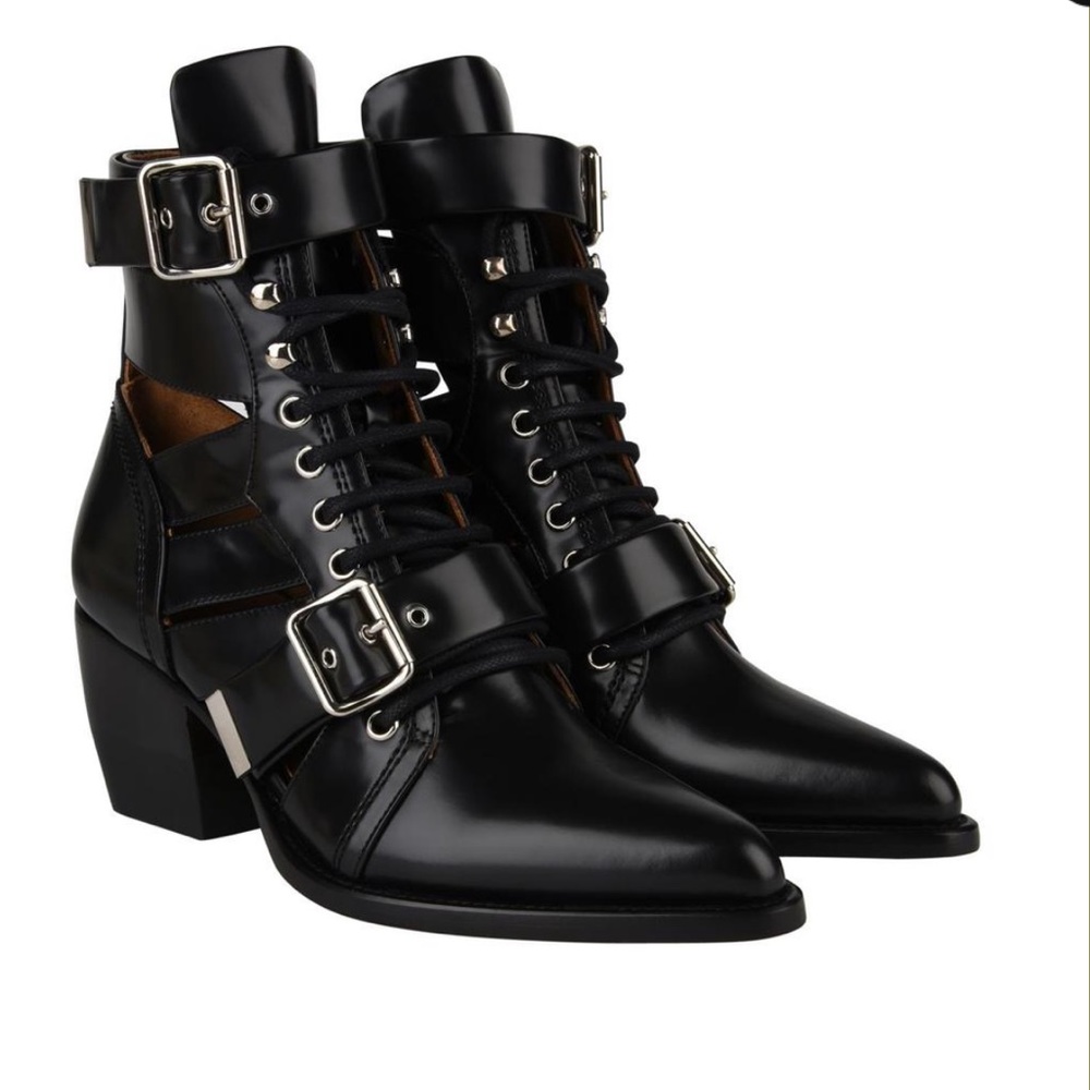 Chloe Women's Black Rylee Cutout Leather Ankle Boots Size 39